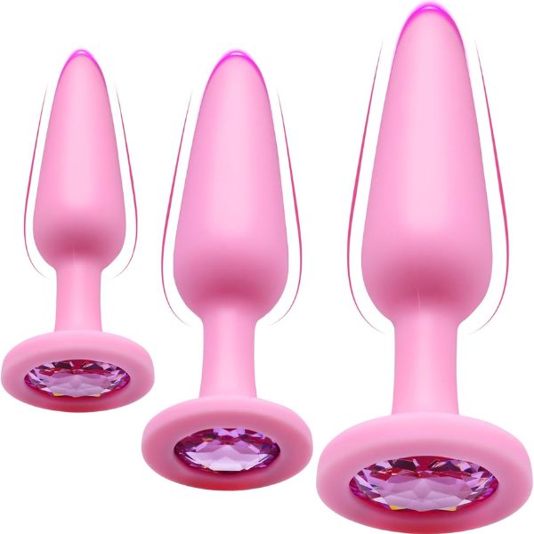 3Pcs Pink Silicone Gem Anal Butt Plug Set